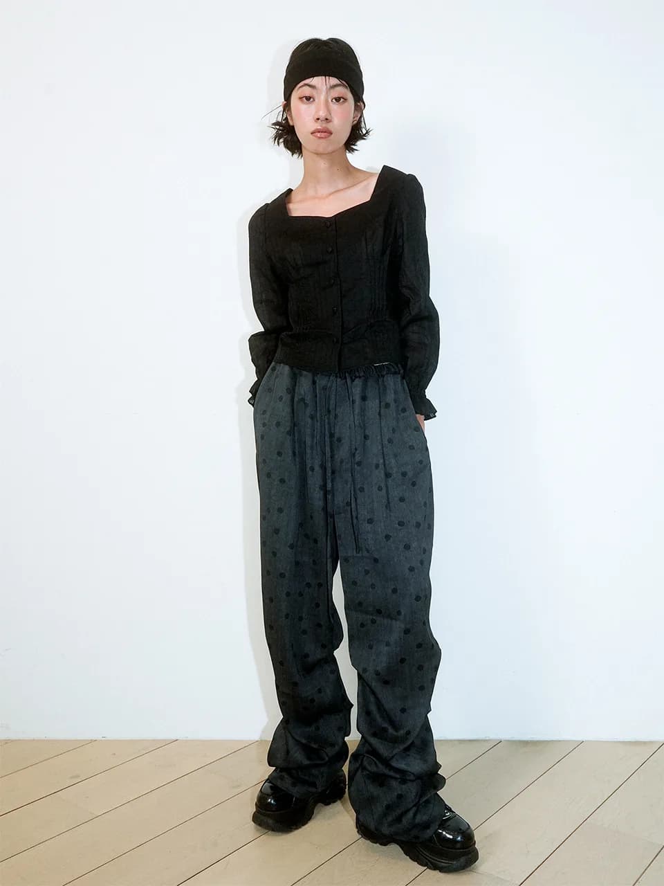 Crumpled Page Wide-String Polka Dot Pants Black